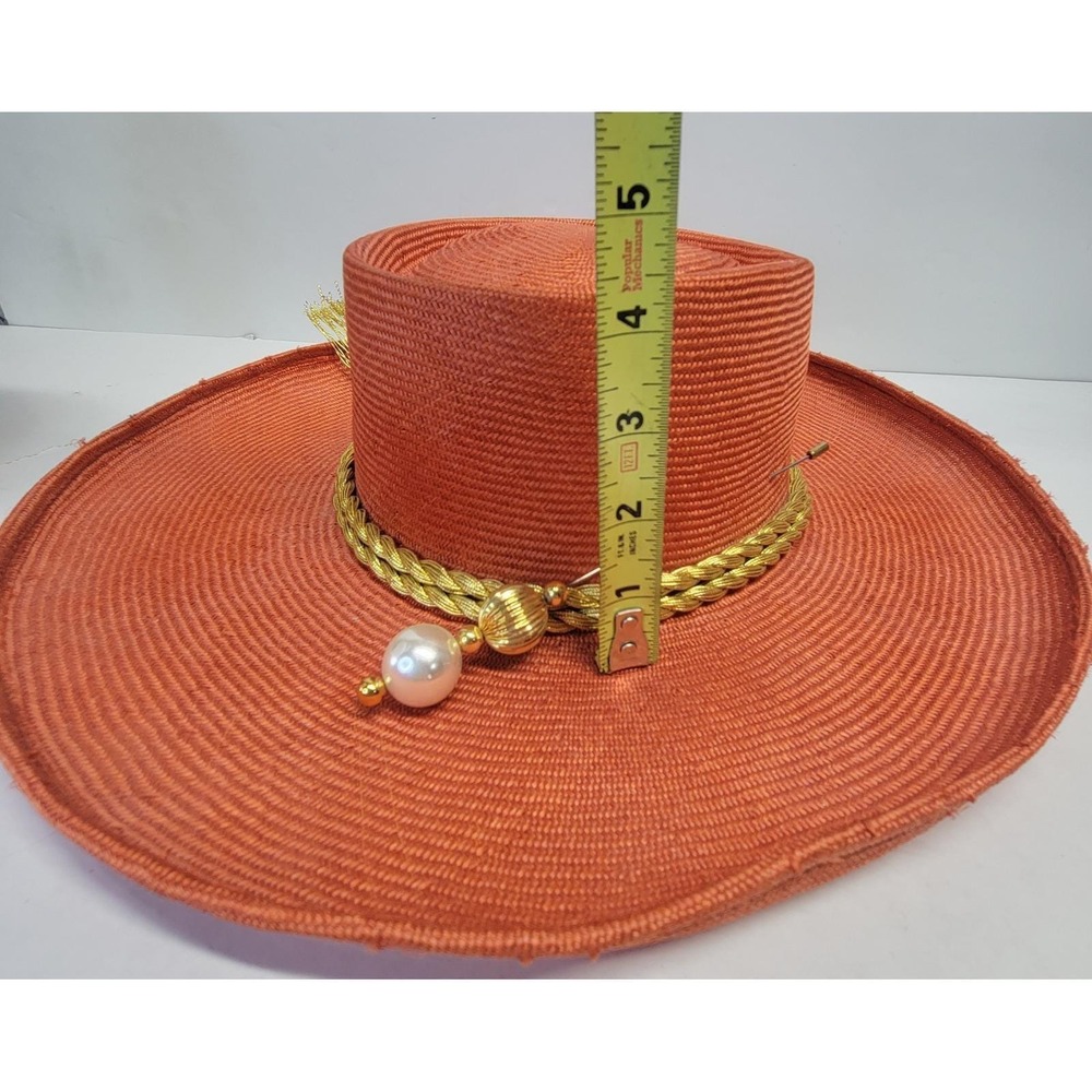 Adolfo II Vintage Wide Brim‎ Straw Hat Burnt Orange Gold Rope Tassel Pearl Pin - Picture 8 of 16
